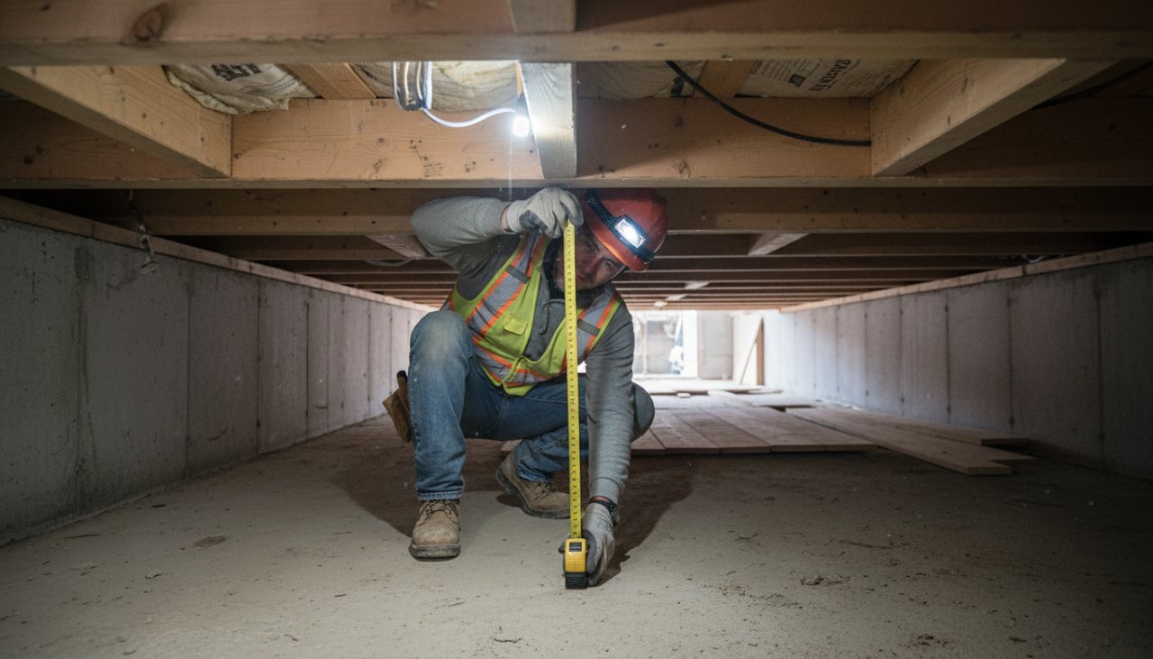 Mesure de la hauteur d'un vide sanitaire sous un plancher bois en cours de construction