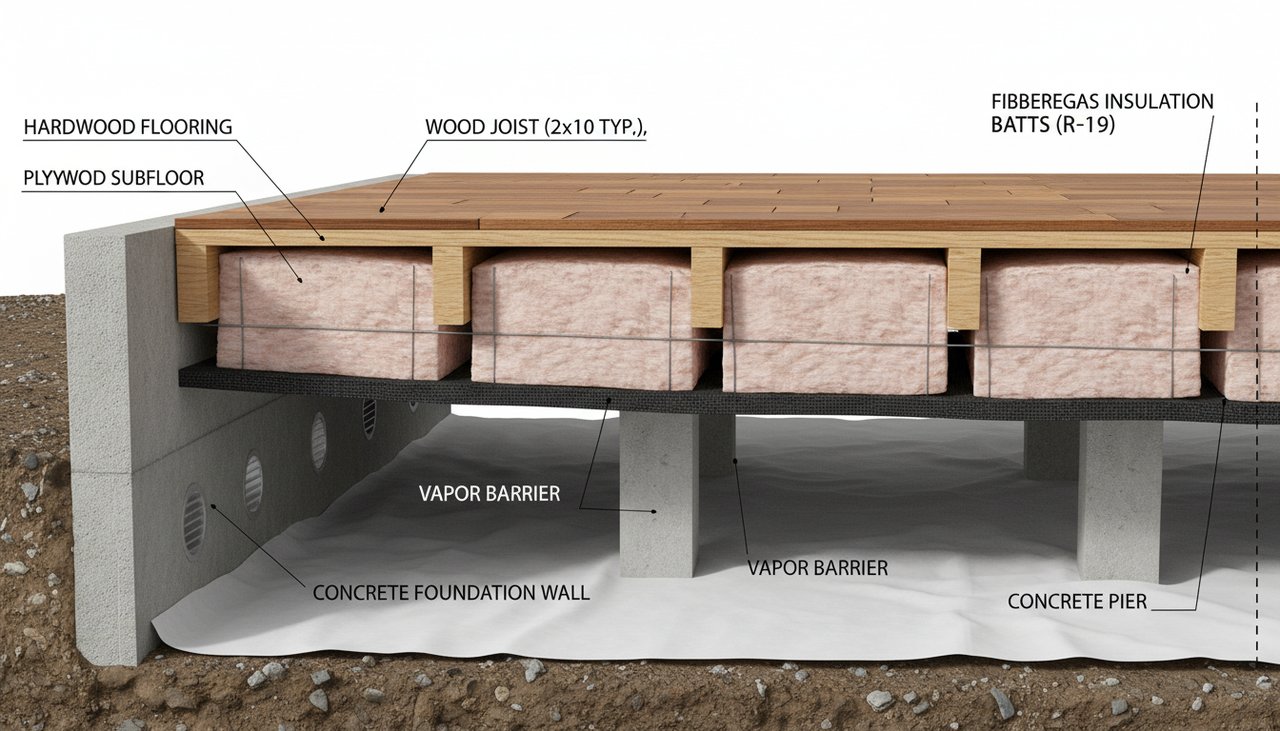 Vue en coupe du plancher bois isolé posé sur le vide sanitaire d'une maison ossature bois