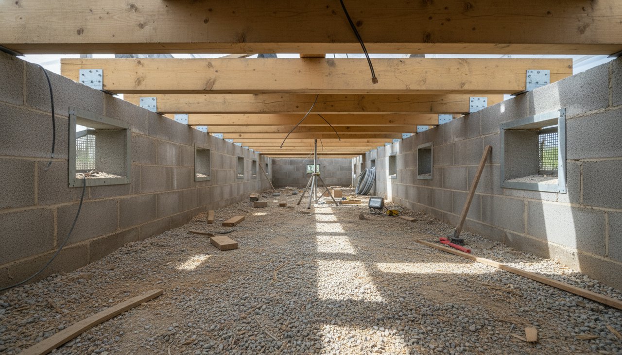 Vide sanitaire en construction sous une maison ossature bois avec poutres visibles