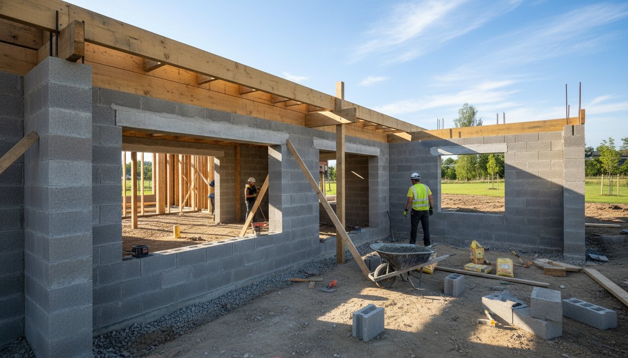 Vide sanitaire en cours de construction sous une maison ossature bois moderne