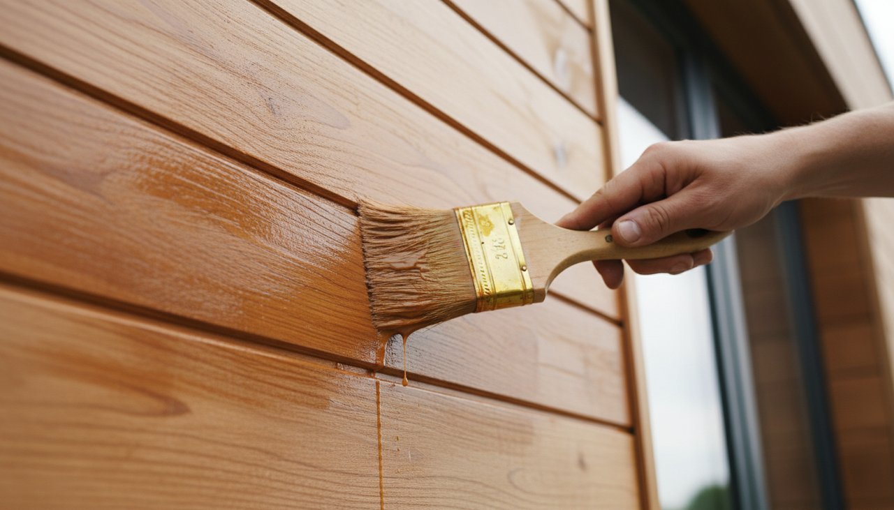Application de saturateur sur un bardage extérieur en bois douglas