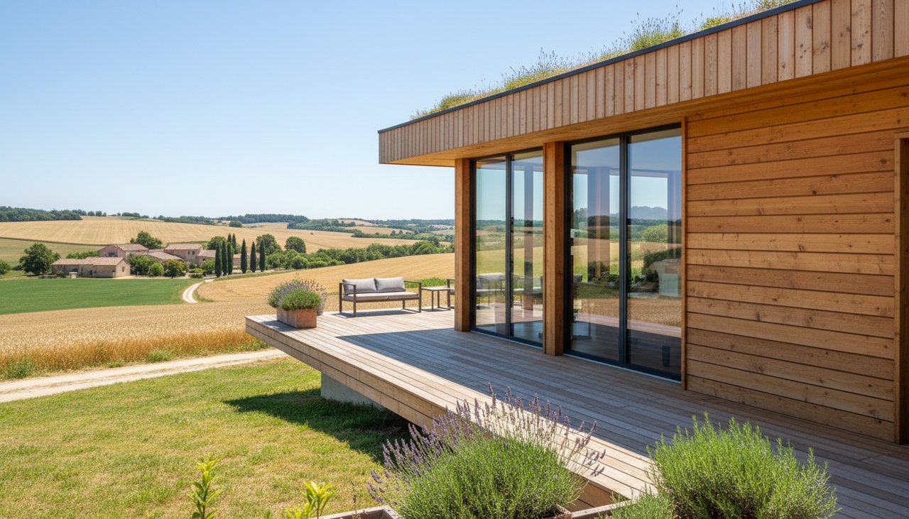 Maison à ossature bois moderne avec bardage entretenu en façade