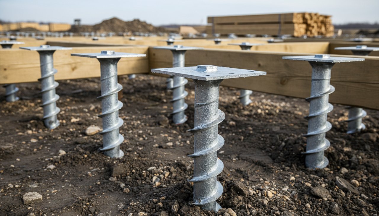 Pieux vissés métalliques posés pour les fondations d'une maison bois