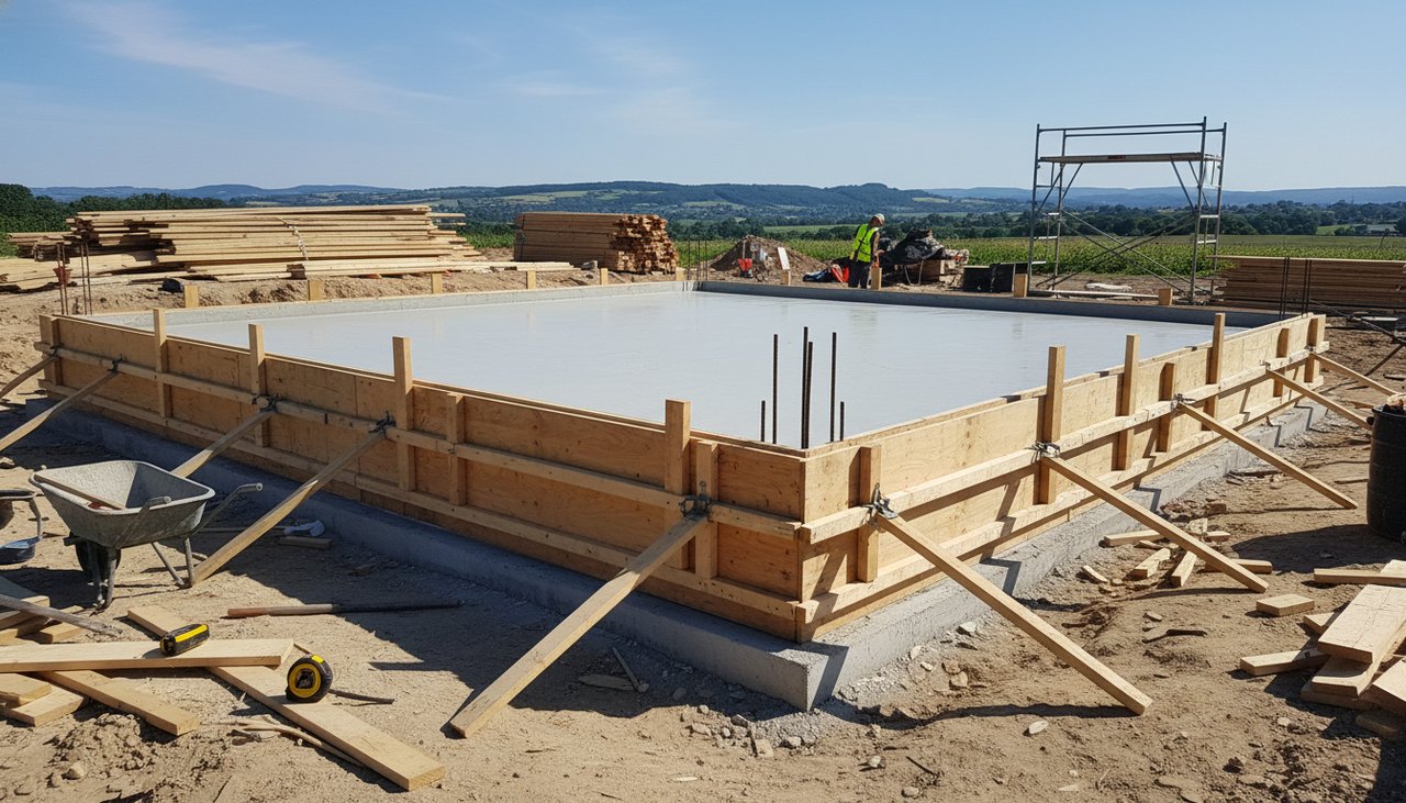 Chantier de fondation béton pour une maison à ossature bois en construction