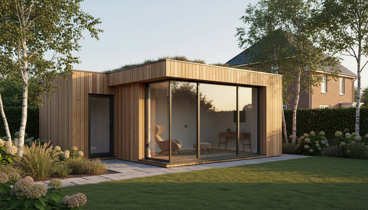 Studio de jardin en bois de 20m2 avec grande baie vitrée et toit plat dans un jardin résidentiel
