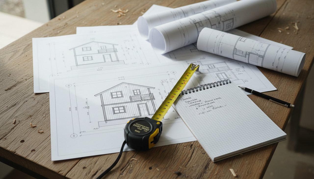 Plans techniques d'une petite maison bois posés sur une table avec mètre ruban et carnet de notes