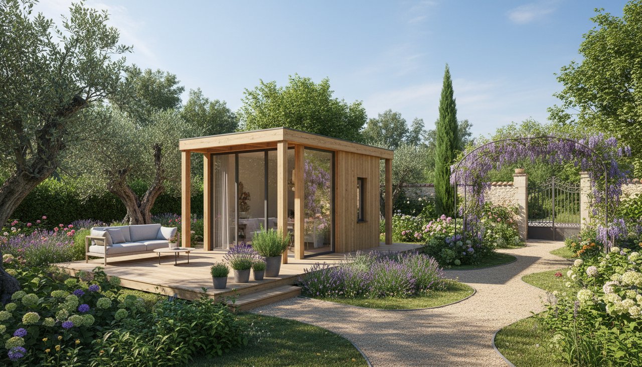 Petite maison ossature bois moderne sans permis dans un jardin verdoyant avec terrasse