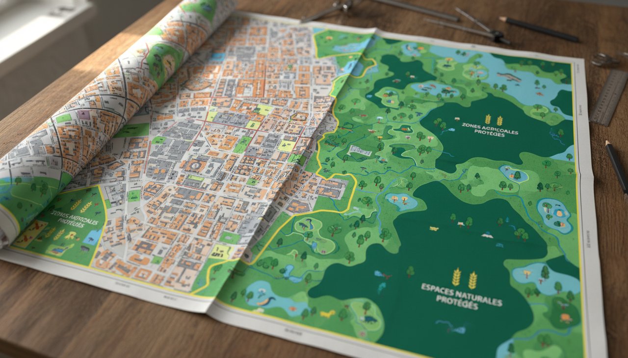 Carte d'urbanisme PLU avec zones agricoles vertes et zones naturelles soulignées sur un plan de commune