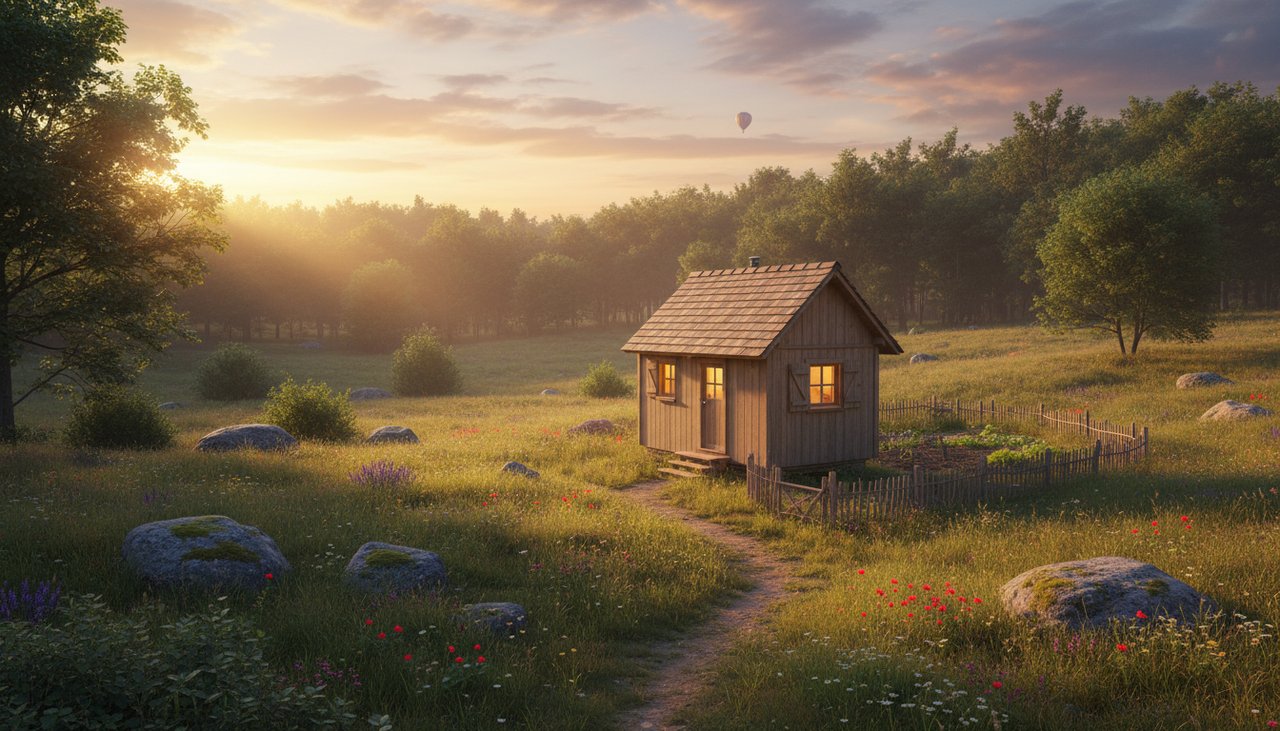 Petite maison bois et tiny house posée sur un terrain naturel boisé en zone rurale française