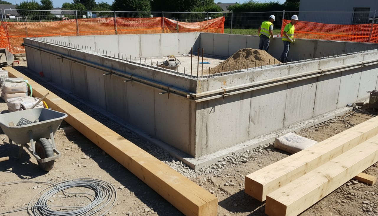 Soubassement maconne en beton banche pour la pose d une maison ossature bois en chantier