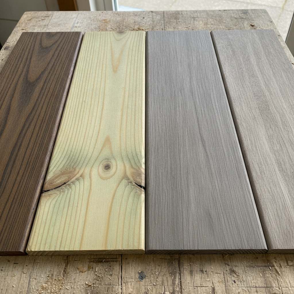Échantillons de lames de terrasse en bois exotique, pin et bois thermo-traité