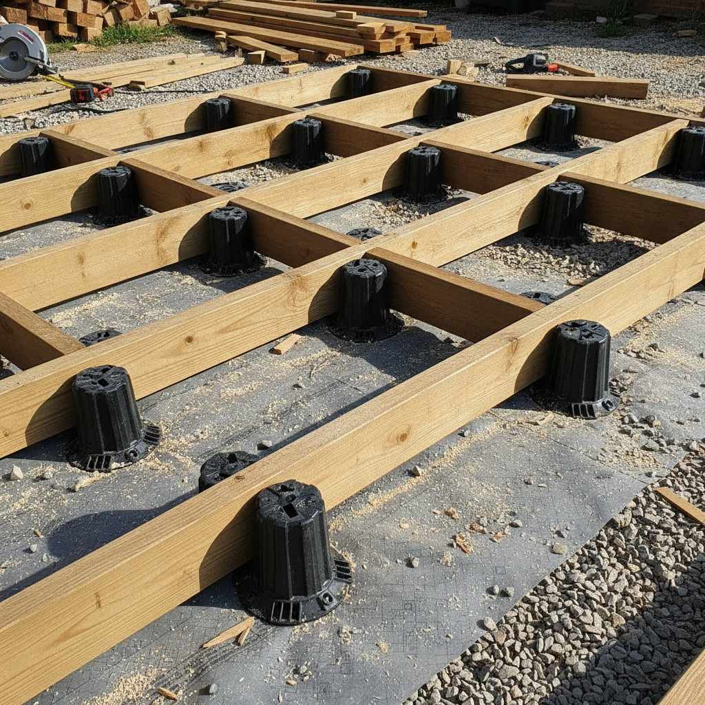 Structure porteuse d'une terrasse bois sur plots réglables et lambourdes