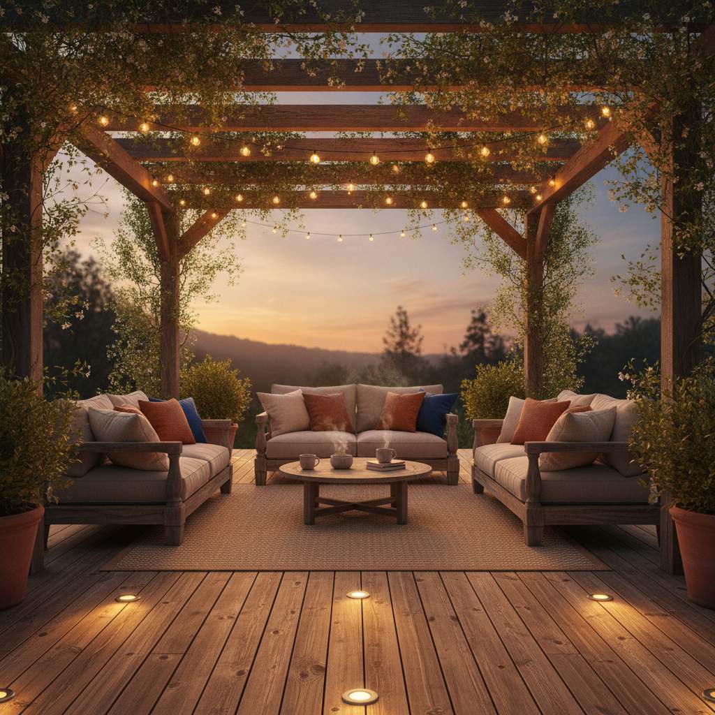 Terrasse en bois aménagée avec pergola, mobilier et éclairage chaleureux le soir