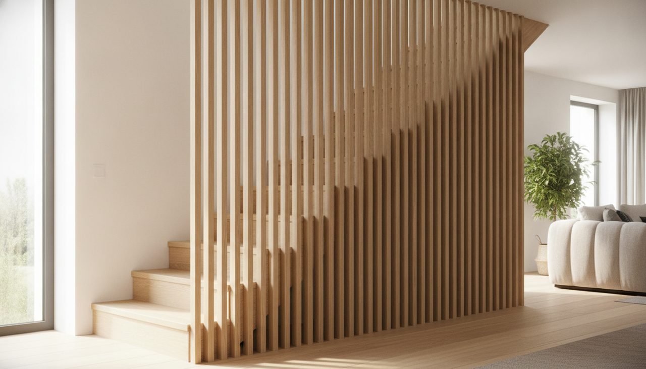 Garde-corps claustra bois à tasseaux verticaux le long d'un escalier intérieur en bois