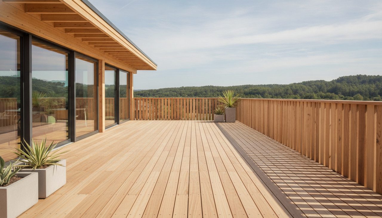 Garde-corps claustra bois en mélèze sur une terrasse extérieure de maison ossature bois