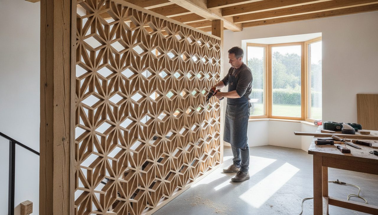 Artisan posant un garde-corps claustra bois à motifs géométriques sur une mezzanine