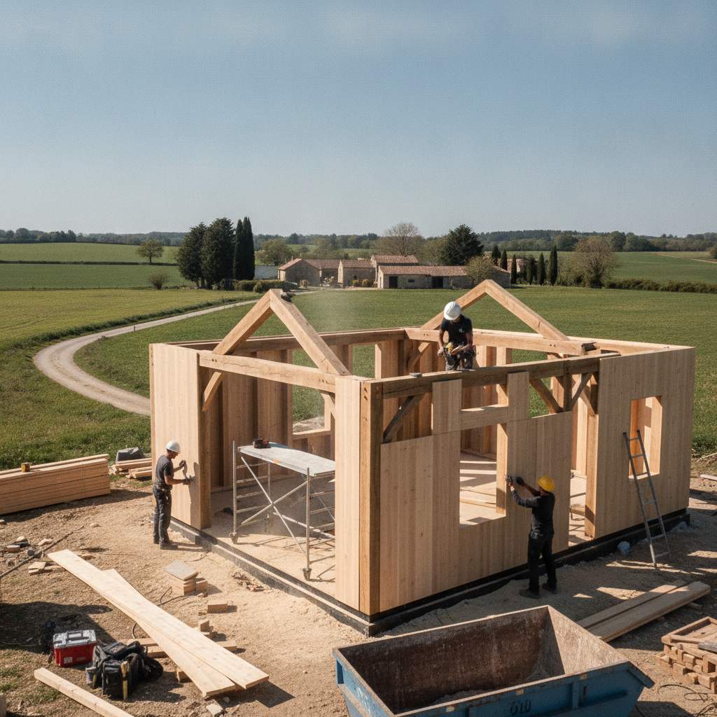 Construction maison ossature bois MOB - montage de la charpente