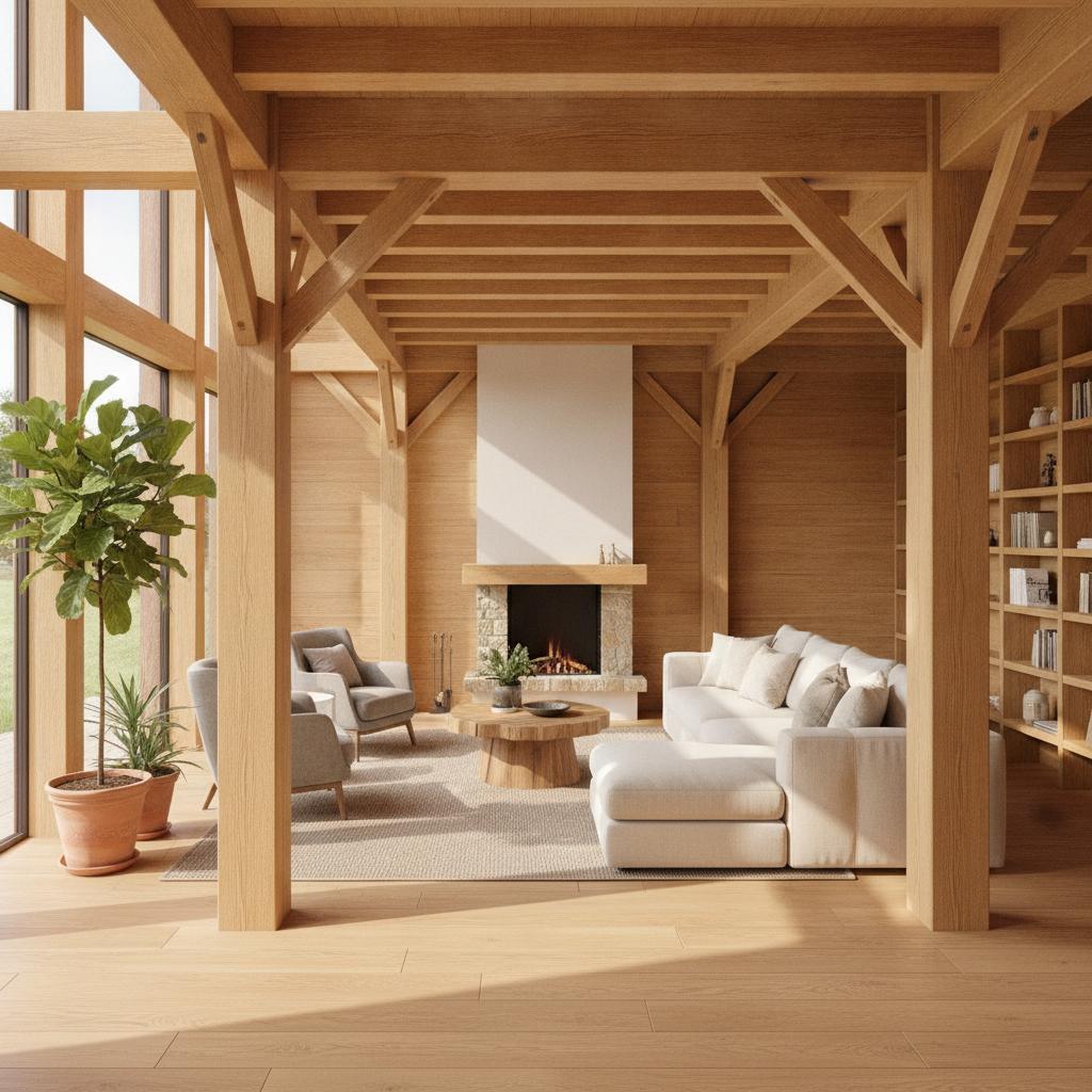 Interieur maison ossature bois - sejour avec poutres apparentes