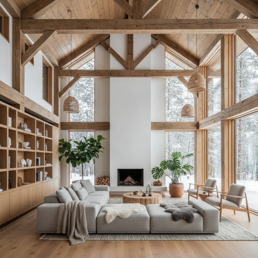 intérieur maison ossature bois séjour poutres bois apparentes 100m2 clé en main