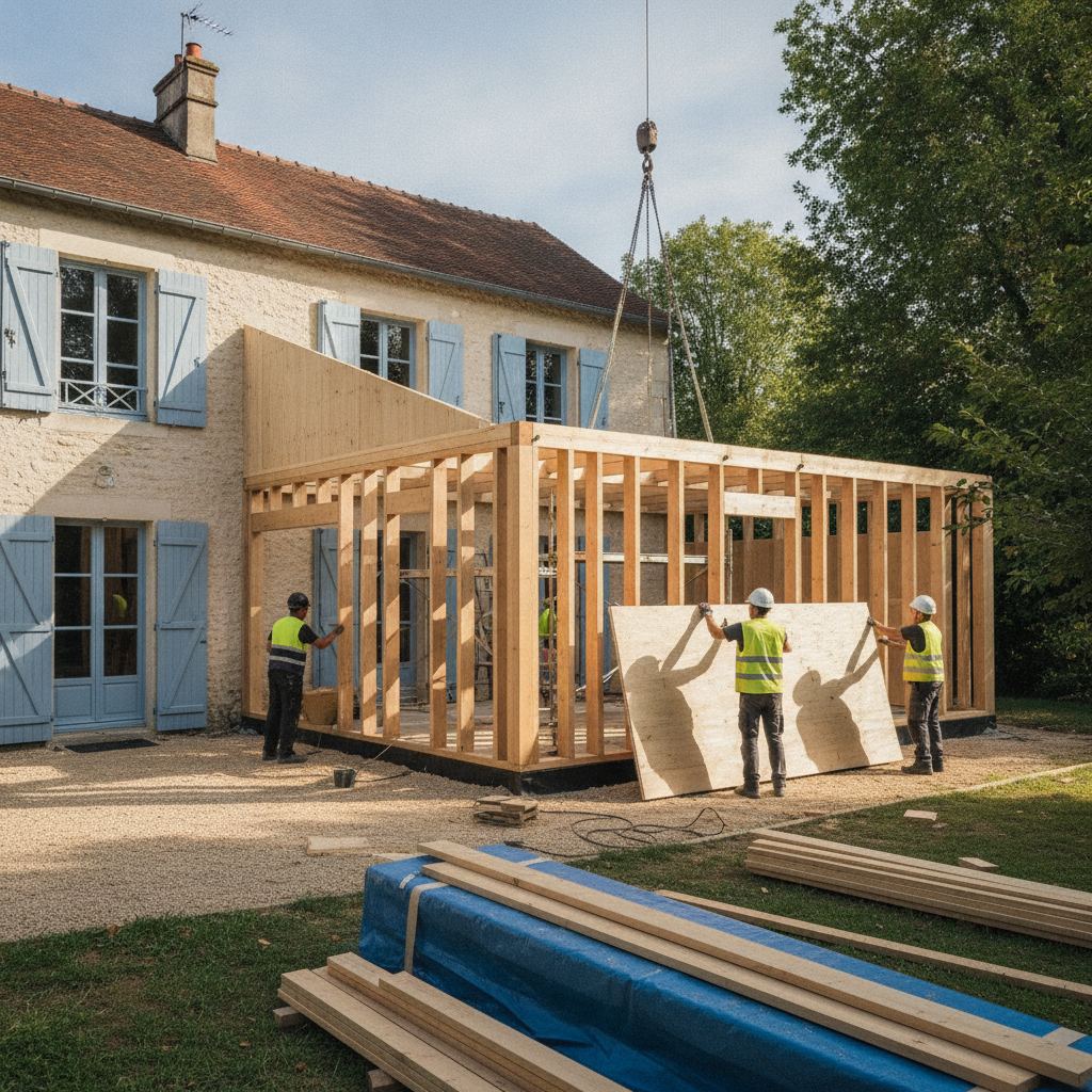 kit extension bois 20m2 ossature en cours de montage