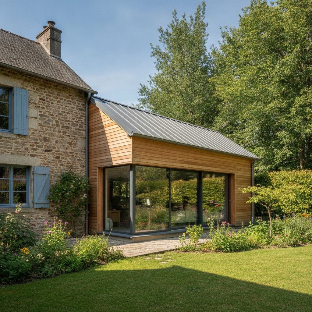 extension bois 20m2 finalisée avec toiture monopente et bardage bois
