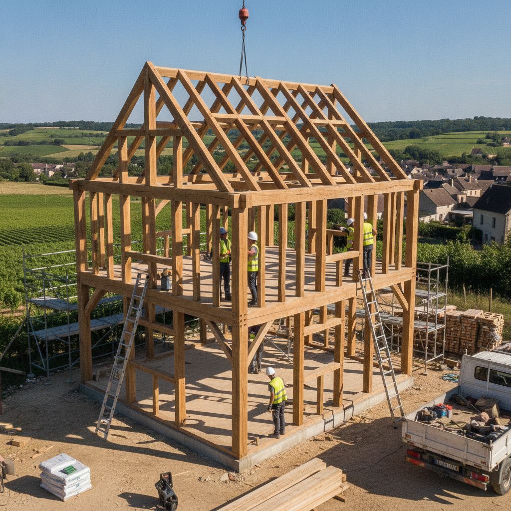 maison ossature bois en construction chantier ossature 100m2