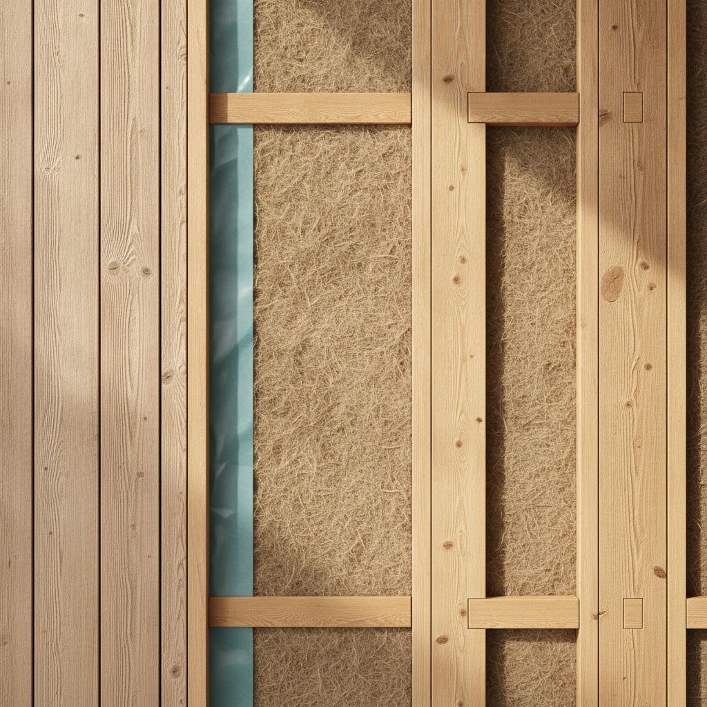 coupe d'un mur ossature bois avec isolation laine de bois