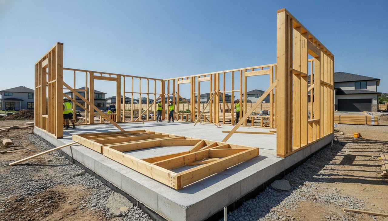 Maison ossature bois en construction avec montage de la structure en bois