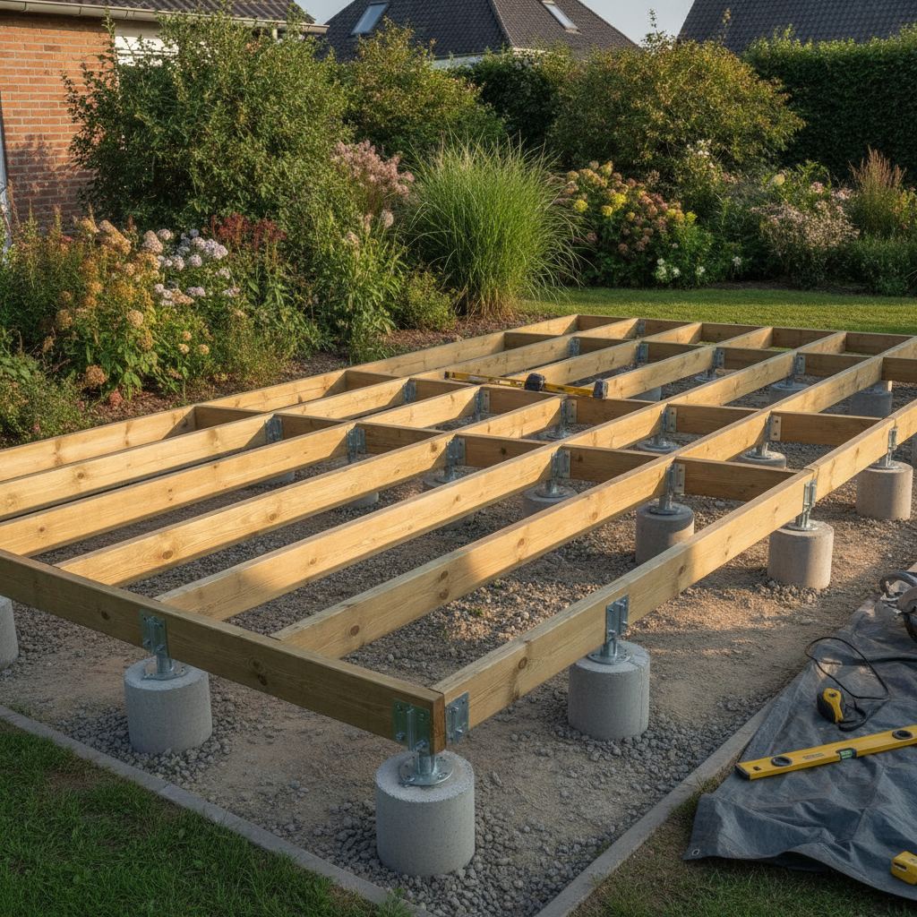 plots béton réglables supportant une terrasse bois en construction