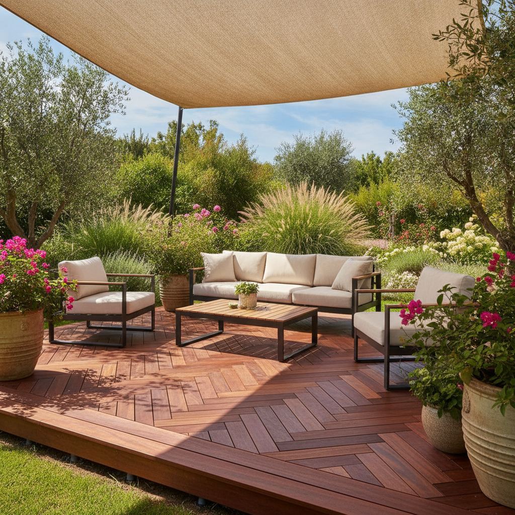 terrasse en bois exotique terminée sur plots dans un jardin
