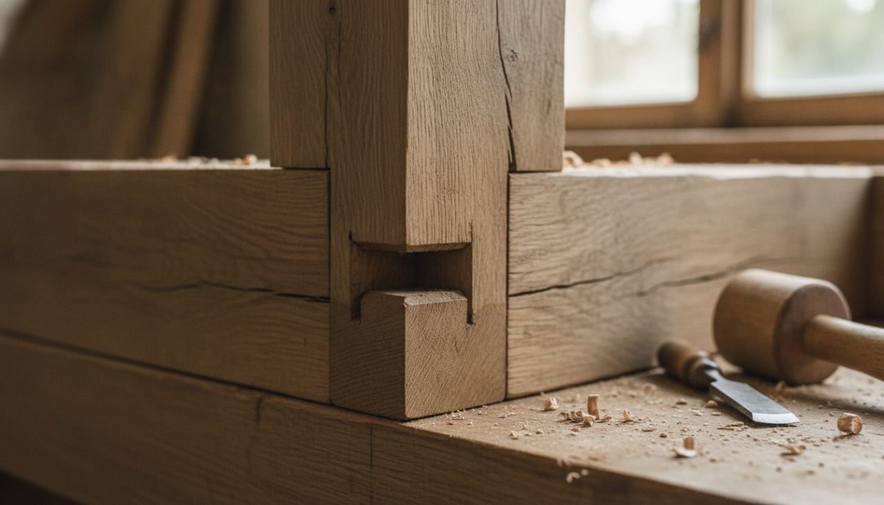 gros plan d'un assemblage tenon mortaise en charpente bois traditionnelle française avec cheville bois visible sur ferme de toiture en chantier