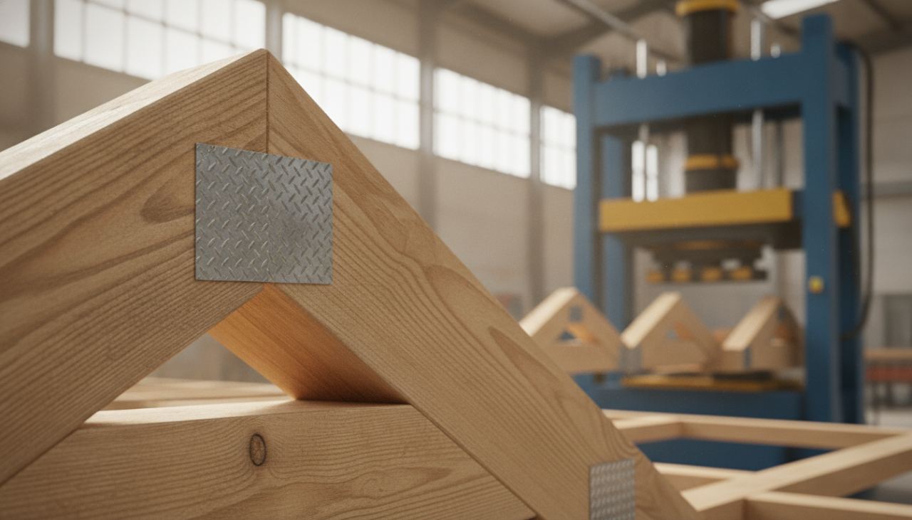 gros plan de plaques Gang-nail sur nœud de fermette de charpente industrielle bois en usine française avec presse hydraulique visible