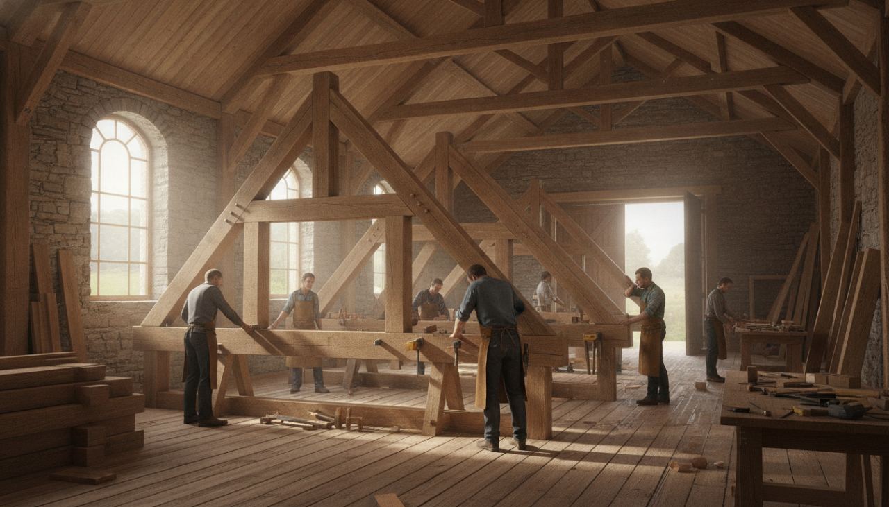 vue intérieure d'une charpente bois traditionnelle avec fermes triangulées et pannes de contreventement en croix sur maison en cours de construction France