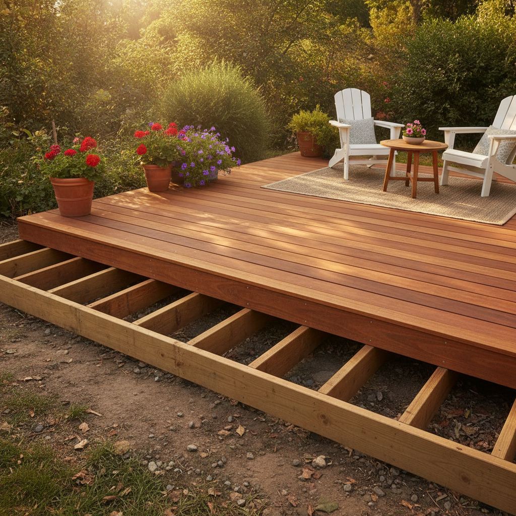 terrasse en bois posée sur lambourdes sur la terre
