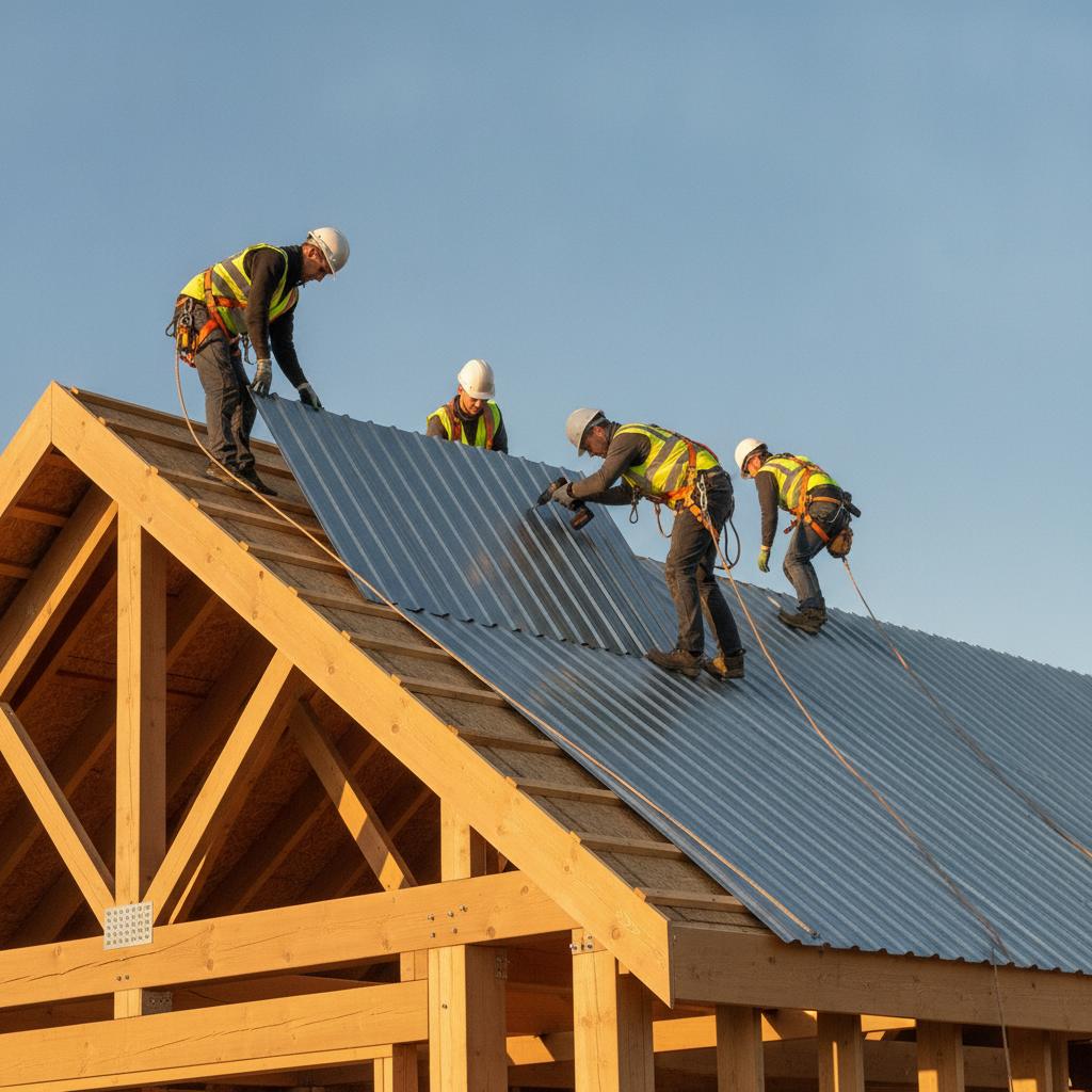 Pose de bacs acier sur charpente bois, chantier de toiture bac acier