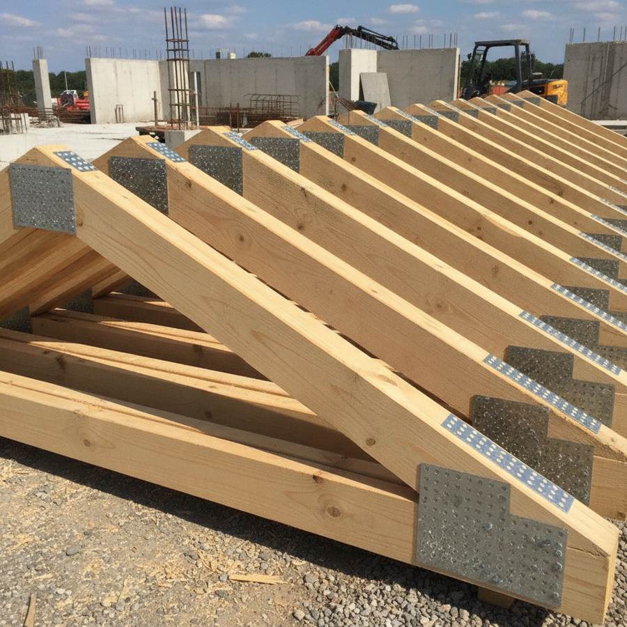fermettes de charpente industrielles en bois assemblées par connecteurs métalliques sur chantier