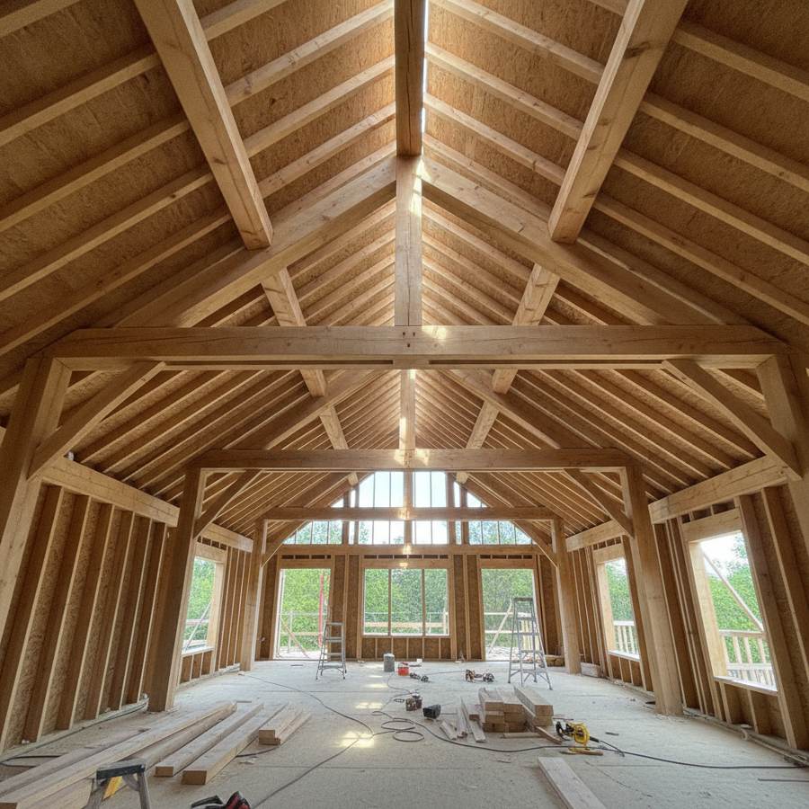 charpente traditionnelle en bois massif avec pannes et poinçon sur maison en construction