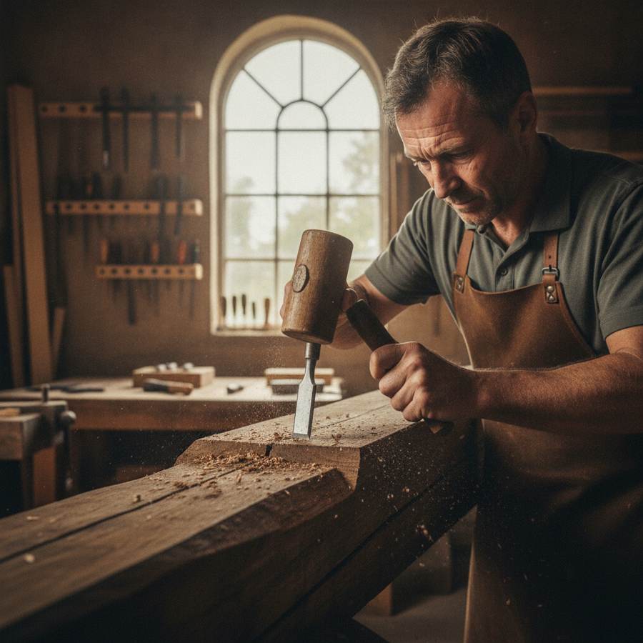 charpentier professionnel taillant des pièces de bois pour charpente traditionnelle dans un atelier