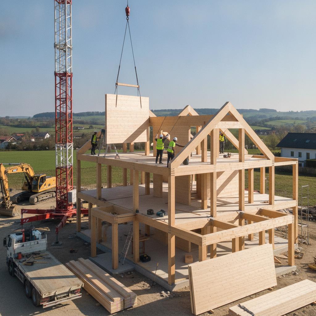 chantier de montage d une maison ossature bois