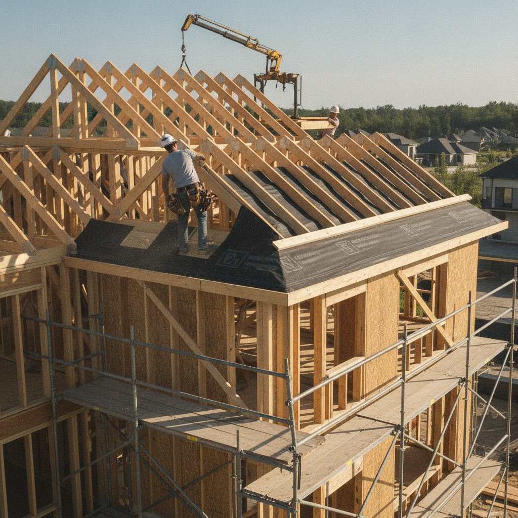 Pose de la charpente et de la couverture d'une maison ossature bois en autoconstruction