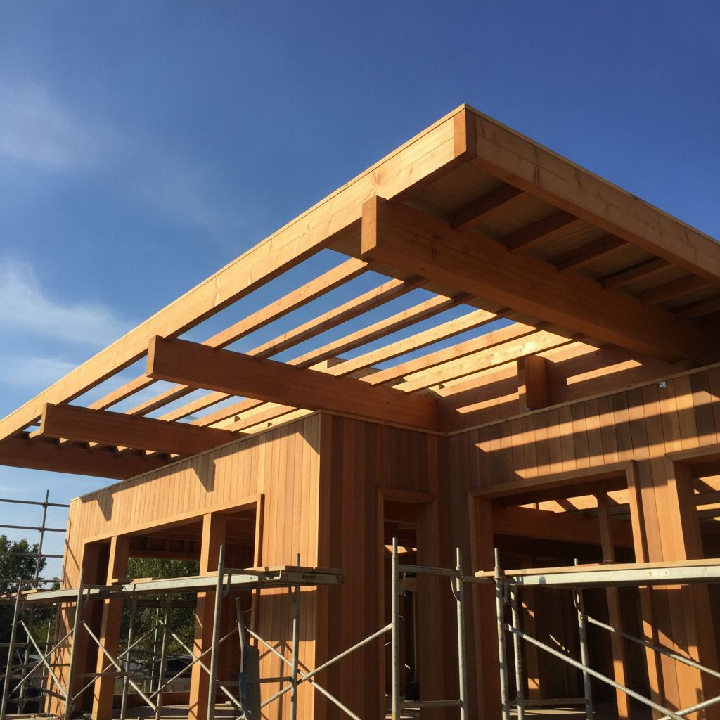 charpente bois d un toit plat en construction sur maison ossature bois