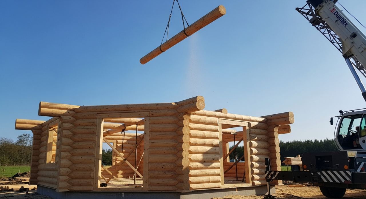 Construction maison rondin Chantier de construction d'une maison en rondin de bois