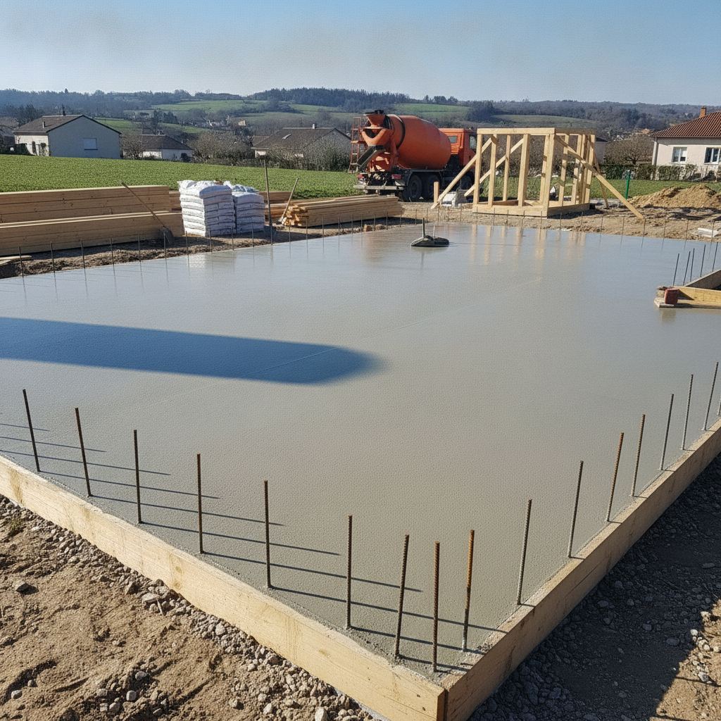 Dalle beton fraichement coulee pour fondation maison ossature bois