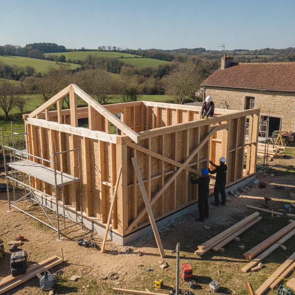 Chantier d'extension ossature bois 40m2 avec levage des panneaux préfabriqués