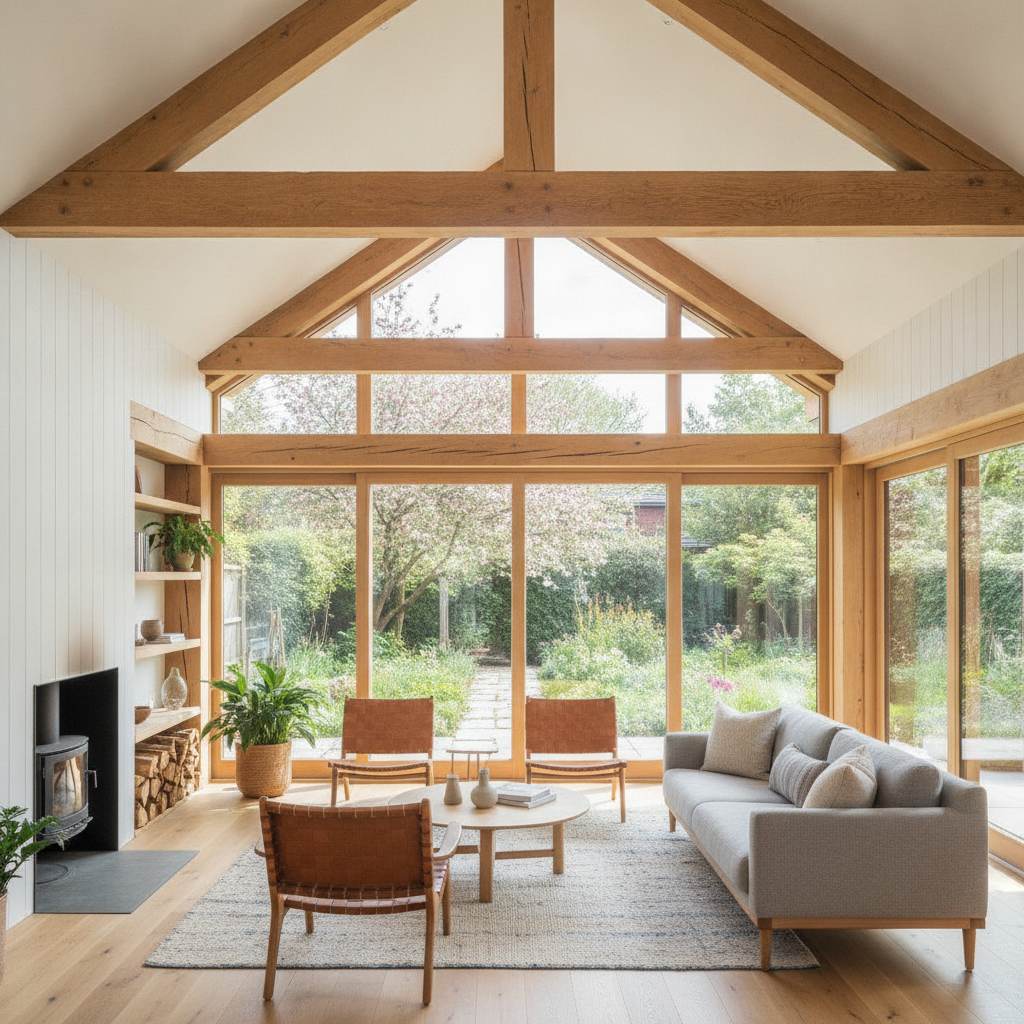 Intérieur lumineux d'une extension ossature bois de 40m2 avec grandes baies vitrées