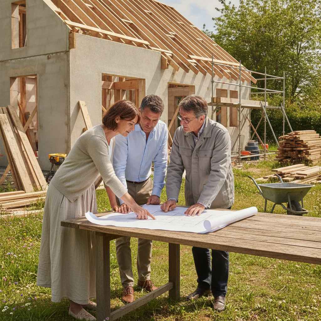 Couple et architecte examinant les plans d'une extension ossature bois 40m2 devant le chantier