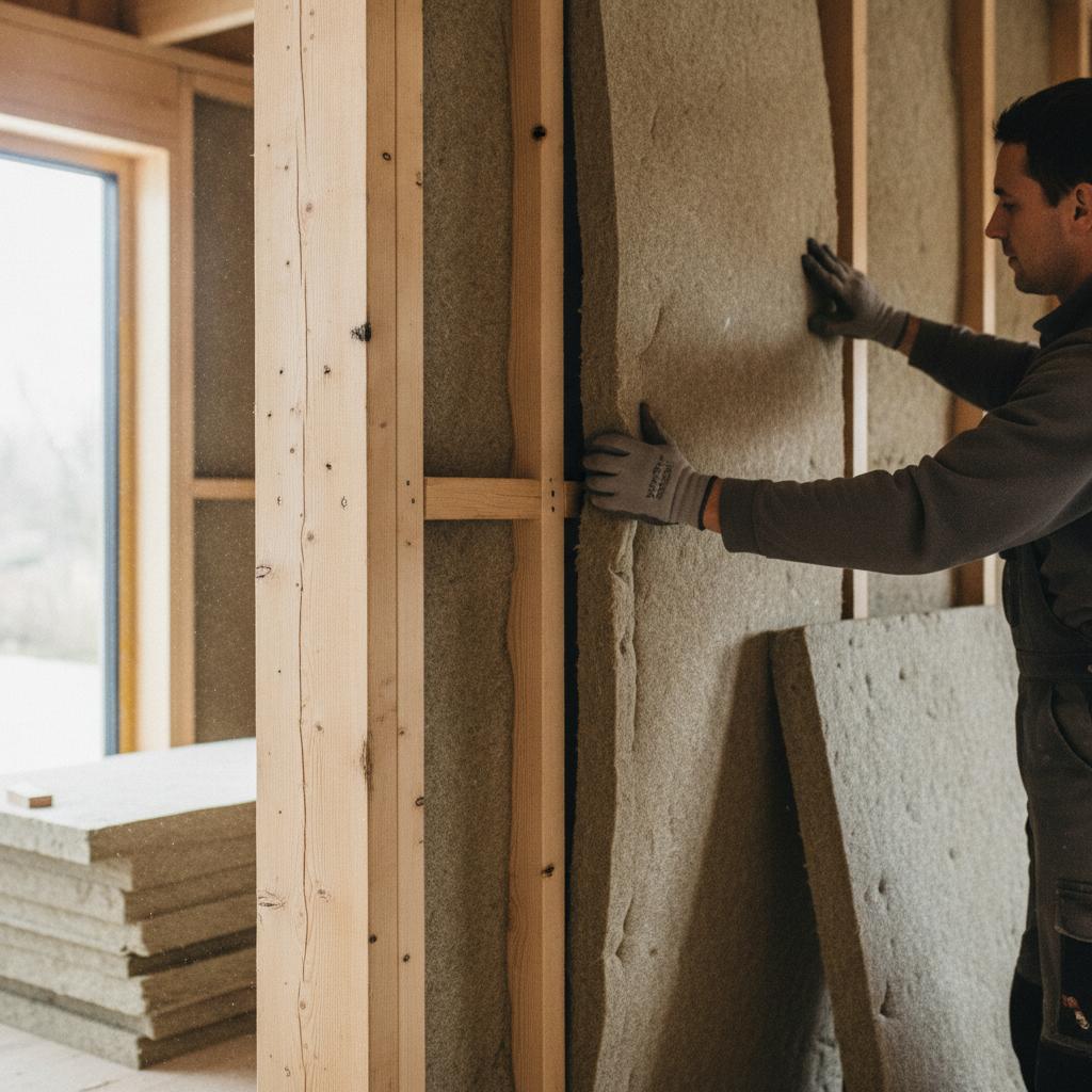 Pose d'isolant en fibre de bois dans les murs d'une extension ossature bois