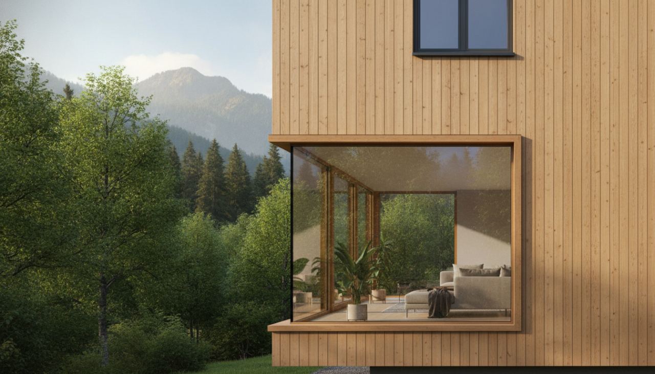 Grande baie vitrée à menuiserie sur une maison à ossature bois contemporaine