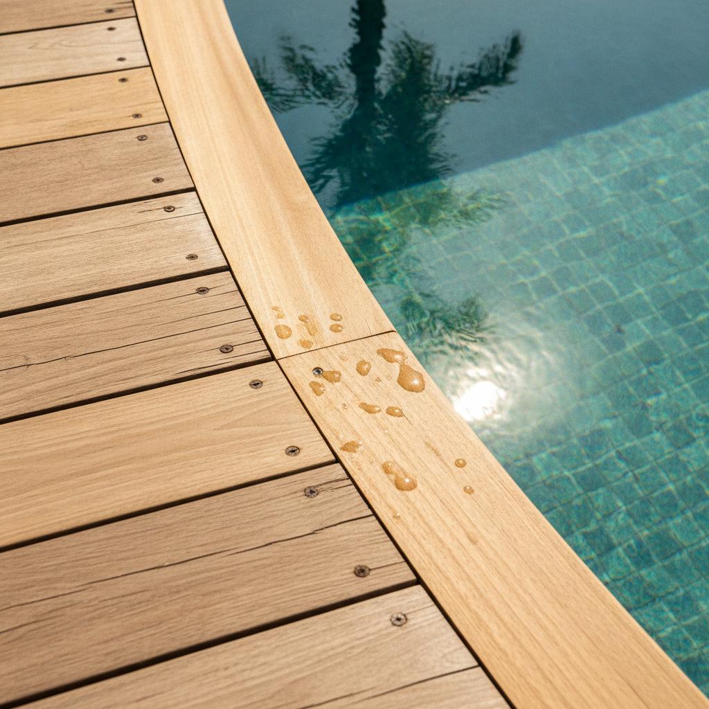 Finition de la margelle bois au bord de la piscine