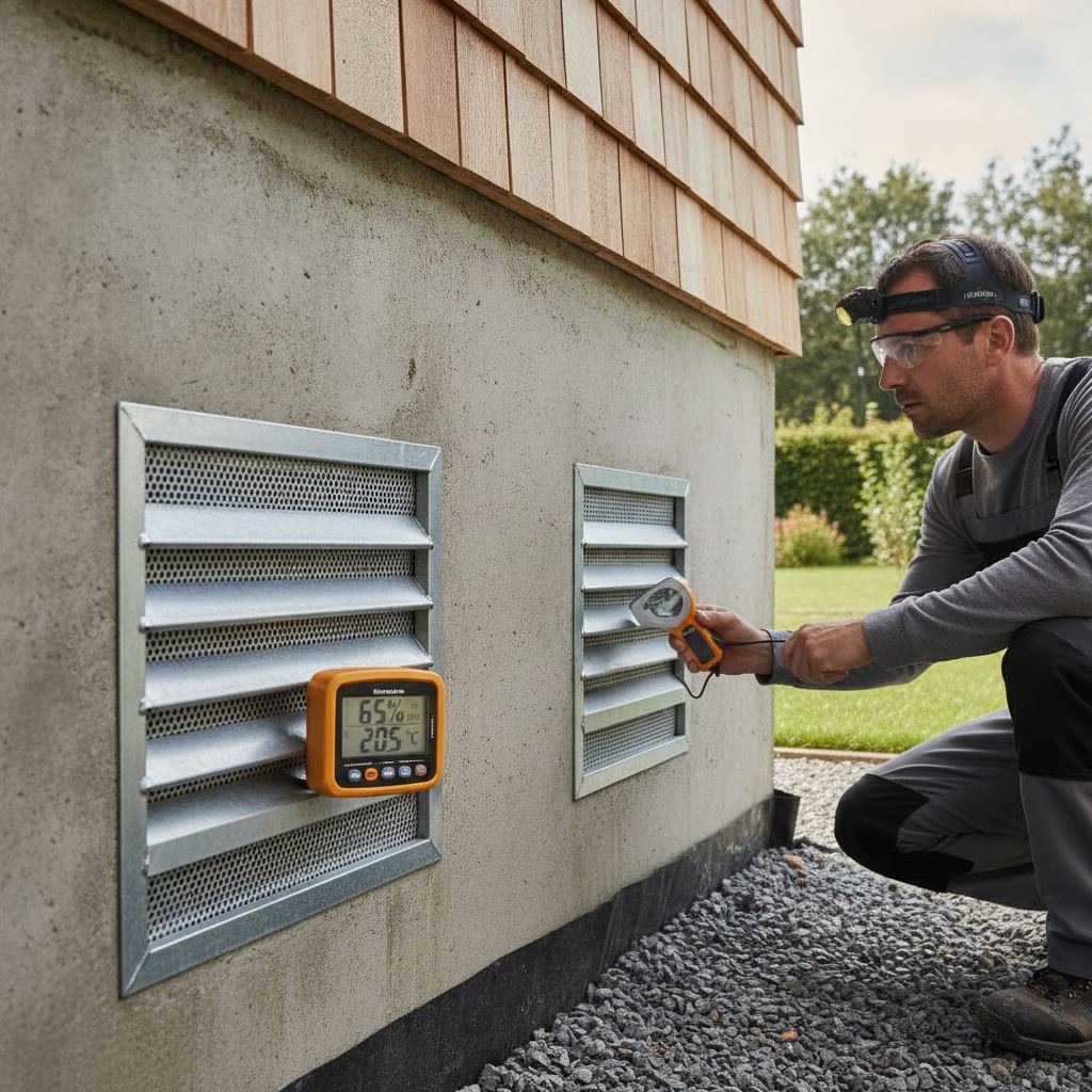 Grilles de ventilation d'une fondation vide sanitaire maison bois